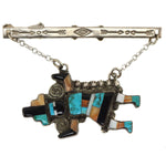 Zuni - Multi-Stone Inlay and Silver Tie Clip with Dangling Rainbow God Pendant c. 1940s, 1.875" x 2.375"
