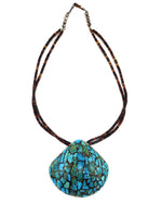 Santo Domingo (Kewa) - Turquoise Mosaic Inlay Shell Pendant with 2-Strand Pen Shell Heishi and Silver Beaded Necklace c. 1960s, 17" length