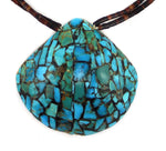 Santo Domingo (Kewa) - Turquoise Mosaic Inlay Shell Pendant with 2-Strand Pen Shell Heishi and Silver Beaded Necklace c. 1960s, 17" length