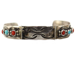 Navajo - Coral, Turquoise, and Silver Watchband with Stamped Design c. 1930-40s, size 6.25