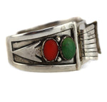 Joseph H. Quintana (1915-1991) - Cochiti - Turquoise, Coral, and Sterling Silver Watch Band with Arrow Design c. 1950s, size 7.5