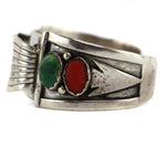 Joseph H. Quintana (1915-1991) - Cochiti - Turquoise, Coral, and Sterling Silver Watch Band with Arrow Design c. 1950s, size 7.5
