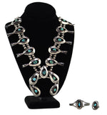 Navajo - Turquoise and Silver Squash Blossom Necklace, Bracelet, and Ring Set with Shadowbox Design c. 1930-40s