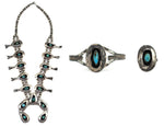 Navajo - Turquoise and Silver Squash Blossom Necklace, Bracelet, and Ring Set with Shadowbox Design c. 1930-40s