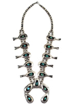 Navajo - Turquoise and Silver Squash Blossom Necklace, Bracelet, and Ring Set with Shadowbox Design c. 1930-40s