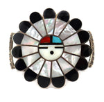 Zuni - Multi-Stone Channel Inlay and Silver Bracelet with Sunface Kachina Design c. 1950s, size 7
