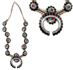 Zuni - Multi-Stone Channel Inlay and Silver Squash Blossom-Style Necklace with Sunface Kachina Design c. 1950-60s, 28" length