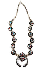 Zuni - Multi-Stone Channel Inlay and Silver Squash Blossom-Style Necklace with Sunface Kachina Design c. 1950-60s, 28" length