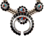 Zuni - Multi-Stone Channel Inlay and Silver Squash Blossom-Style Necklace with Sunface Kachina Design c. 1950-60s, 28" length