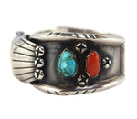 Navajo - Turquoise, Coral, and Silver Watchband with Stamped Design c. 1960s, size 6.75