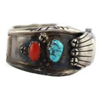 Navajo - Turquoise, Coral, and Silver Watchband with Stamped Design c. 1960s, size 6.75