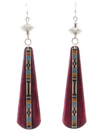 Ryan Gashweseoma - Hopi - Contemporary Wood Mosaic Inlay and Sterling Silver French Hook Earrings, 4" x 0.75"