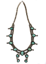 Navajo - Turquoise and Silver Squash Blossom Necklace c. 1940-50s, 27" length