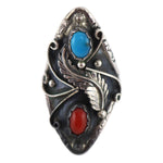 Navajo - Turquoise, Coral, and Silver Ring with Feather Design c. 1960s, size 6.5