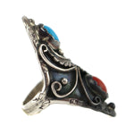 Navajo - Turquoise, Coral, and Silver Ring with Feather Design c. 1960s, size 6.5