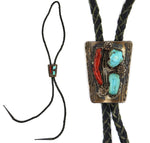 Navajo - Turquoise, Coral, Silver, and Leather Bolo Tie c. 1950s, 1.5" x 1.25" bolo