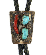 Navajo - Turquoise, Coral, Silver, and Leather Bolo Tie c. 1950s, 1.5" x 1.25" bolo