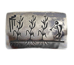 Roy Tawahongva & Hopi Crafts - Silver Overlay Belt Buckle with Ant, Storm, and Corn Pictorials c. 1970s, 2" x 3.25"
