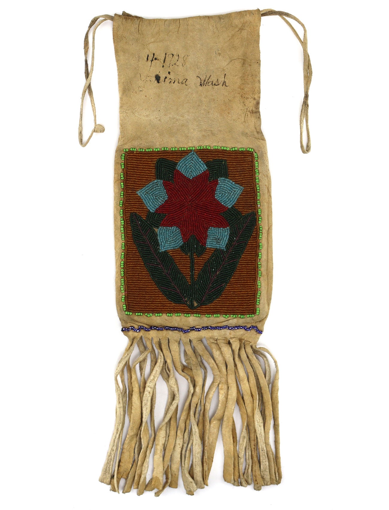 Yakima Wash Leather Double-Sided Beaded Bag with Flower Pictorial c. 1