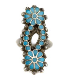 Dishta Family - Zuni - Turquoise Channel Inlay and Silver Ring with Flower Design c. 1950s, size 8