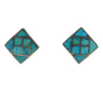 Zuni - Blue Gem Turquoise Channel Inlay and Silver Post Earrings c. 1940s, 0.75" x 0.75"