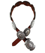 Bruce Morgan - Navajo - Sterling Silver and Leather Concho Belt with Stamped Design c. 1970s, 28" - 32.5" size waist