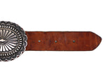 Bruce Morgan - Navajo - Sterling Silver and Leather Concho Belt with Stamped Design c. 1970s, 28" - 32.5" size waist
