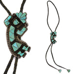 Zuni - Turquoise Channel Inlay, Silver, and Leather Rainbow God Kachina bolo Tie c. 1950-60s, 41" length