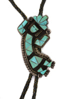 Zuni - Turquoise Channel Inlay, Silver, and Leather Rainbow God Kachina bolo Tie c. 1950-60s, 41" length