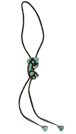 Zuni - Turquoise Channel Inlay, Silver, and Leather Rainbow God Kachina bolo Tie c. 1950-60s, 41" length
