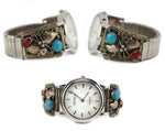 Barry Pinto - Navajo - Turquoise, Coral, and Sterling Silver Watchband with Leaf Design c. 1950-60s, size 8