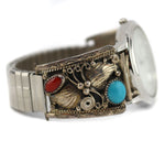 Barry Pinto - Navajo - Turquoise, Coral, and Sterling Silver Watchband with Leaf Design c. 1950-60s, size 8
