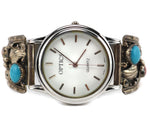 Barry Pinto - Navajo - Turquoise, Coral, and Sterling Silver Watchband with Leaf Design c. 1950-60s, size 8