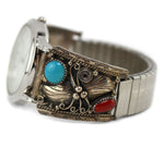 Barry Pinto - Navajo - Turquoise, Coral, and Sterling Silver Watchband with Leaf Design c. 1950-60s, size 8