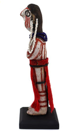 Mojave Ceramic Doll with Red Bayeta Cloth and Heishi Earrings c. 1920s, 5" x 1.75" x 1"
