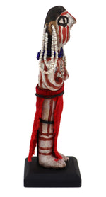 Mojave Ceramic Doll with Red Bayeta Cloth and Heishi Earrings c. 1920s, 5" x 1.75" x 1"