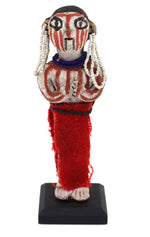 Mojave Ceramic Doll with Red Bayeta Cloth and Heishi Earrings c. 1920s, 5" x 1.75" x 1"