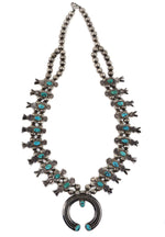 Navajo - Turquoise and Silver Box and Bow Squash Blossom Necklace c. 1940s, 24.5" length