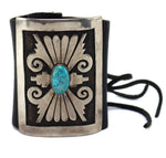 Leroy Kewanyama (1922-1997) - Hopi - Turquoise, Silver Overlay, and Leather Ketoh c. 1950-60s, size 7