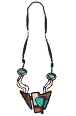 Santo Domingo (Kewa) - Contemporary Turquoise, Swarovski Crystals, and Seed Bead Asymmetrical Necklace and Post Earrings Set