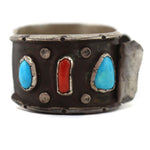 Navajo - Turquoise, Coral, and Silver Watchband c. 1940-50s, size 7