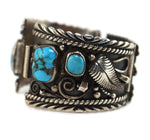 Navajo - Turquoise and Silver Overlay Watch Band with Leaf Design c. 1950s, 6" length