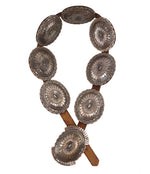Marcella James - Navajo - Sterling Silver and Leather Concho Belt with Stamped Design c. 1990s, 30" - 37" size waist