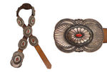 Rick Martinez - Navajo - Coral, Sterling Silver, and Leather Concho Belt with Stamped Design c. 1990s, 29.5" - 36.5" size waist