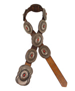 Rick Martinez - Navajo - Coral, Sterling Silver, and Leather Concho Belt with Stamped Design c. 1990s, 29.5" - 36.5" size waist