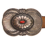Rick Martinez - Navajo - Coral, Sterling Silver, and Leather Concho Belt with Stamped Design c. 1990s, 29.5" - 36.5" size waist