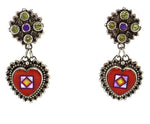 Benny and Valerie Aldrich - Anglo - Multi-Stone Inlay and Silver Heart Dangle Post Earrings c. 1990-2000s, 1.625" x 0.75"