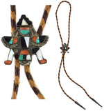 Zuni - Multi-Stone Inlay, Silver, and Leather Knifewing God Bolo Tie c. 1940s, 1.5" x 1.375" bolo