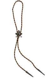Zuni - Multi-Stone Inlay, Silver, and Leather Knifewing God Bolo Tie c. 1940s, 1.5" x 1.375" bolo