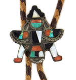 Zuni - Multi-Stone Inlay, Silver, and Leather Knifewing God Bolo Tie c. 1940s, 1.5" x 1.375" bolo